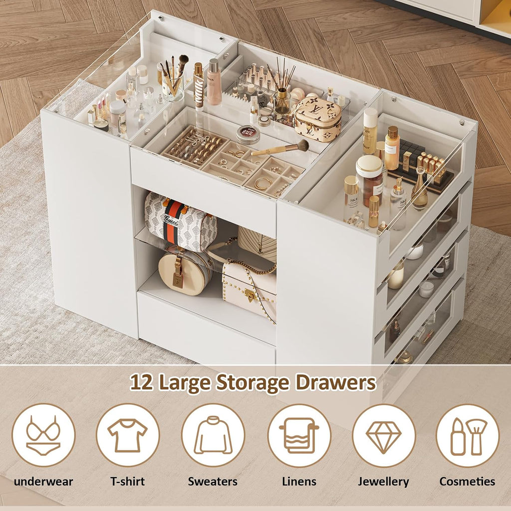 LIVAUVEAD Closet Island with 12 Drawers, Glass Top & Display Shelves, White | Wardrobe Armoire Bedroom Island, White Dresser with Glass Display Shelf, Walk-in Closet Island for Bedroom, Cloakroom