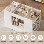 LIVAUVEAD Closet Island with 12 Drawers, Glass Top & Display Shelves, White | Wardrobe Armoire Bedroom Island, White Dresser with Glass Display Shelf, Walk-in Closet Island for Bedroom, Cloakroom