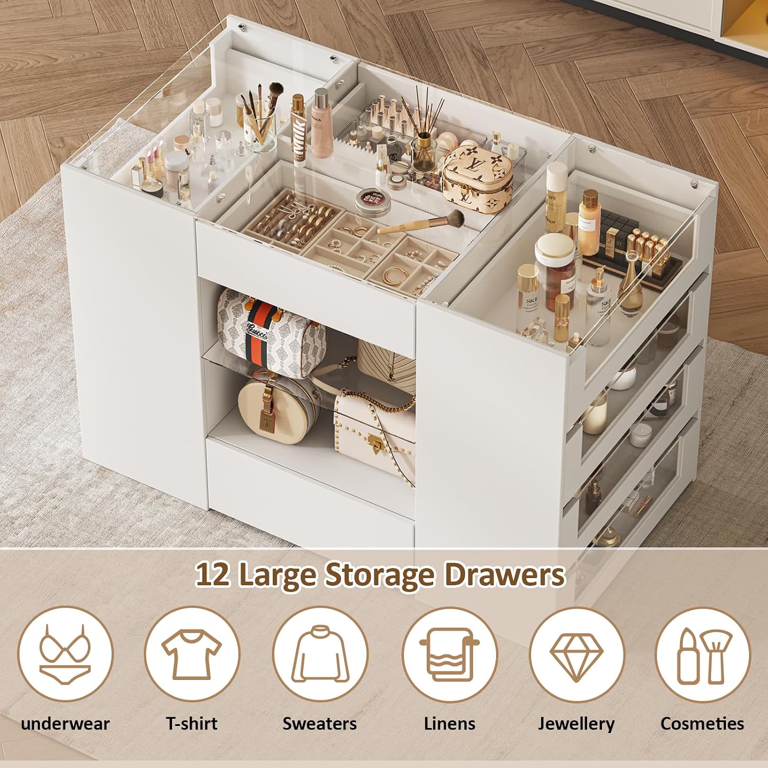LIVAUVEAD Closet Island with 12 Drawers, Glass Top & Display Shelves, White | Wardrobe Armoire Bedroom Island, White Dresser with Glass Display Shelf, Walk-in Closet Island for Bedroom, Cloakroom
