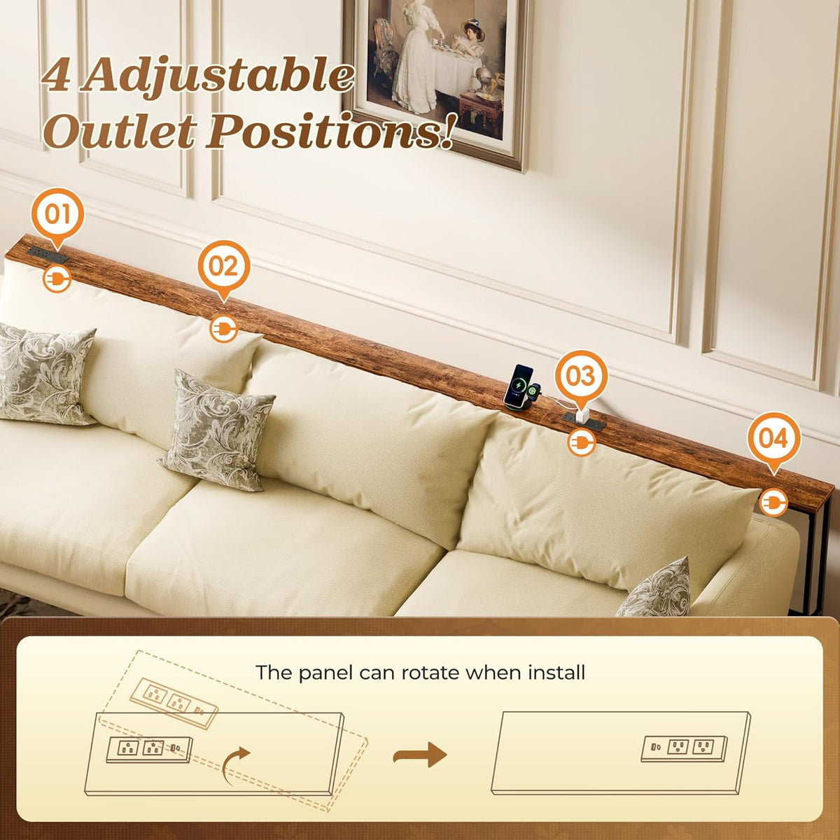 SUPERJARE 110.2 Inch Sofa Table with 2 Power Outlets and USB-C Port | 5.9 Inch Narrow Console Table with Storage, Extra-Long, for Entryway Hallway Couch Behind Sofa, Small Spaces, Rustic Brown