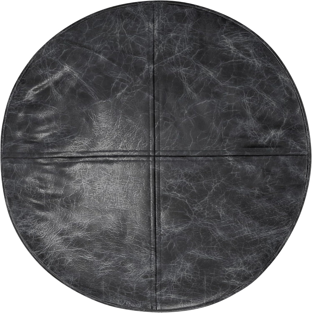 SIMPLIHOME Connor 18" Wide Round Pouf in Distressed Black Genuine Leather