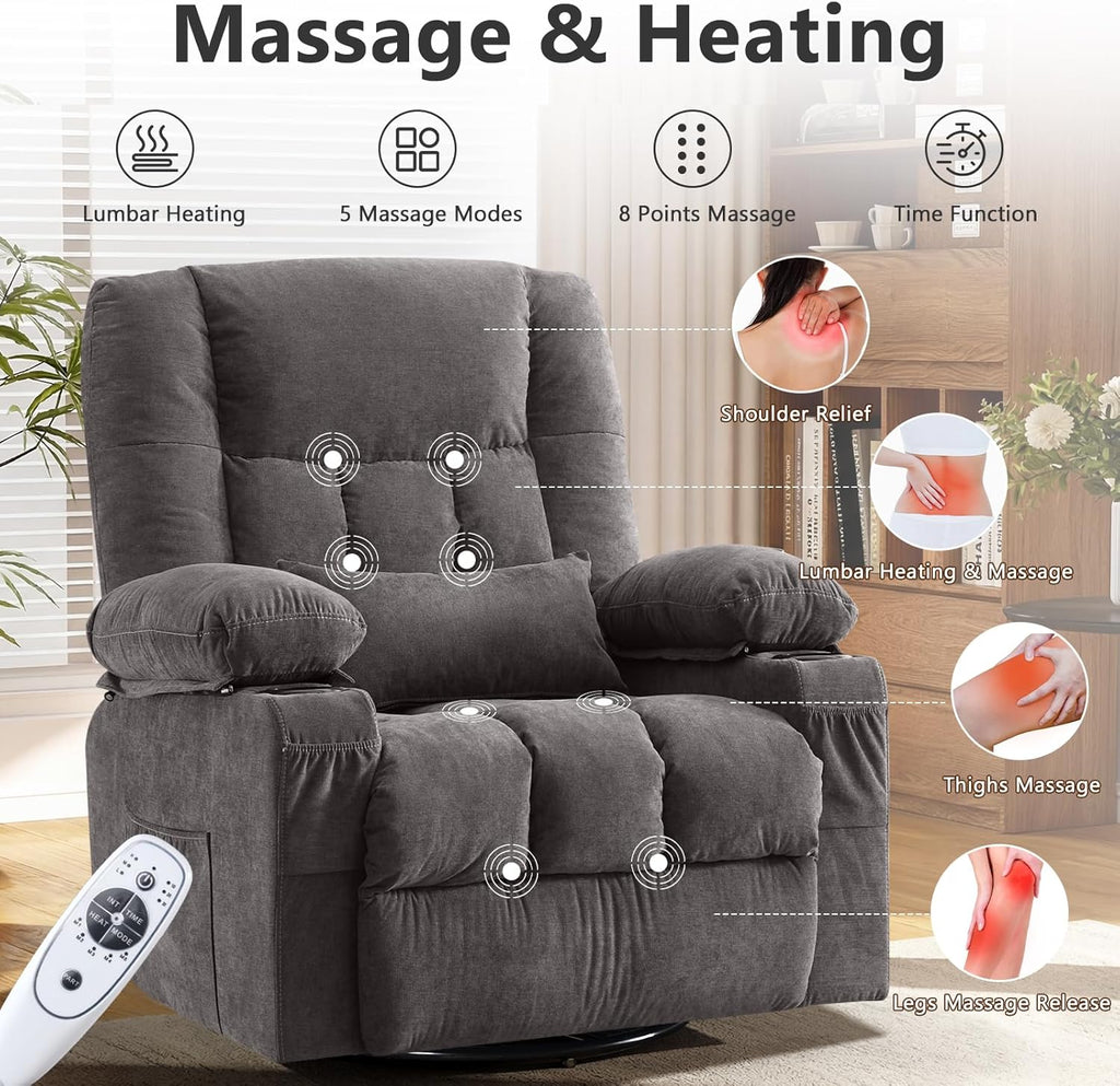 Swivel Rocker Recliner Chair with Vibration Massage and Heat Ergonomic Lounge Chair for Living Room with Rocking Function and Side Pocket, 2 Cup Holders, USB Charge Port