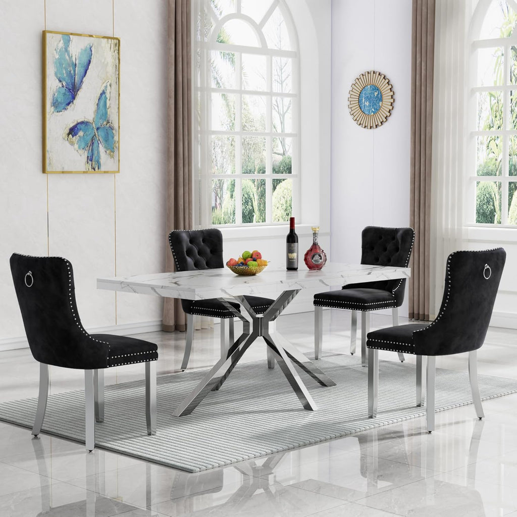Marble Dining Table for 4 6, 70.8 Inch Rectangular Dining Room Kitchen Tables with Silver Stainless Steel Legs, Modern Luxury Dinner Tables for Kitchen, Living Room, Easy Assembly