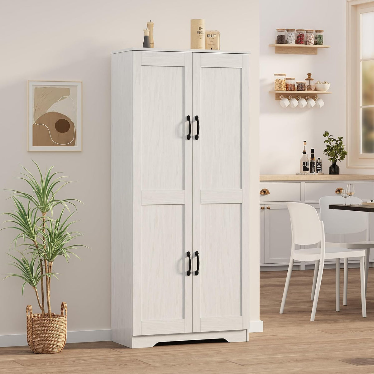 GAOMON Adjustable Shelf Storage Cabinet 60" Tall White, 2-Door Pantry with Shelves for Kitchen Organization, Bathroom Storage, Living Room