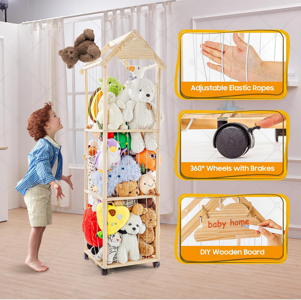 Stuffed Animal Storage, Stuff Animal Holder Organizer Display Shelf | Wooden Zoo Stuffed Animals Storage with Length Adjustable,360° Swivel Wheels Stuffed Animal Storage for Living Room Bedroom