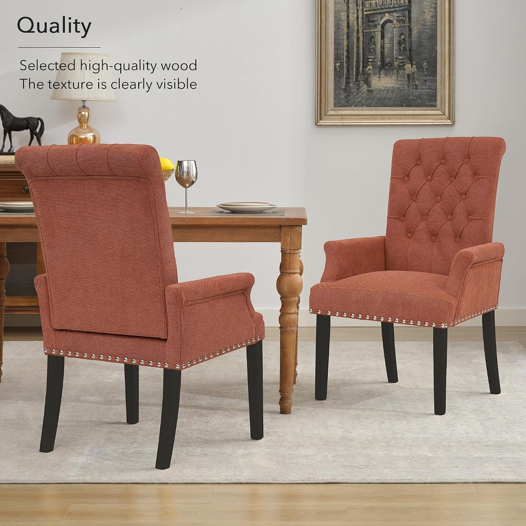 adochr Dining Chairs with Arms,Linen High Back Dining Room Chairs, Orange | Upholstered Accent Armchair with Solid Wood Legs & Nailhead Trim for Kitchen Living Room, 500 LBS Capacity