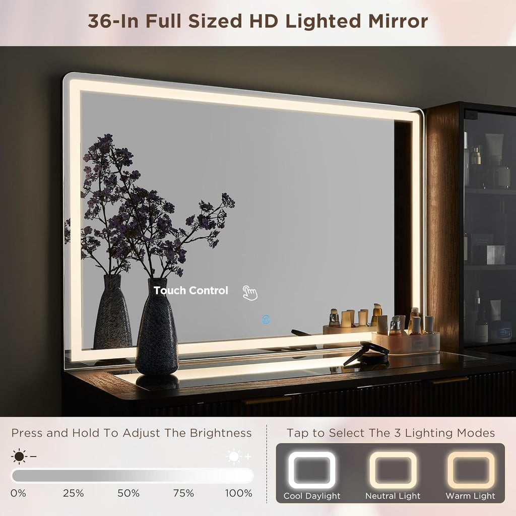 T4TREAM Fluted Makeup Vanity Desk with 36" HD Lighted Mirror, 48" Big Modern Vanity Desk with Mirror and Lights, Dressing Table with 5 Drawers & Shelves, Glass Top for Bedroom, Dark Walnut