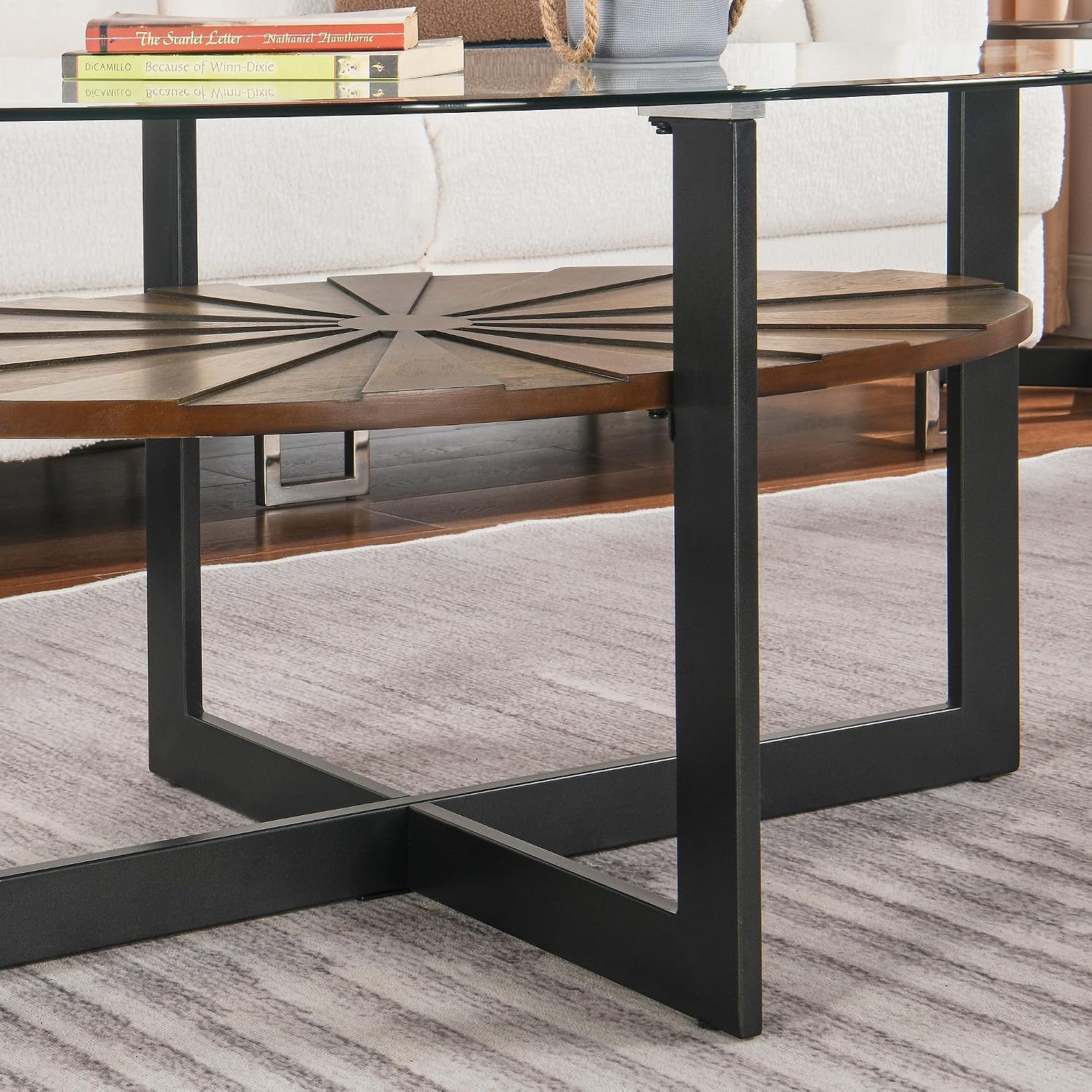 Set of 3 Living Room Tables Set -One Coffee Table and Two End Tables with Tempered Glass, 47.8" Center Table and 23.8" Beside Table with Wood Storage Shelf and Metal Leg, Brown Shelf & Black Leg B2616