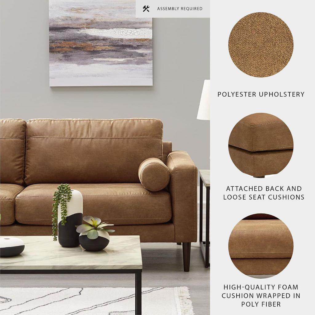 Signature Design by Ashley Telora Faux Leather 3 Seater Sofa Couch, Caramel | Medium plush fiber-wrapped foam seating, Track arms, Loose back cushions, Mid-century modern style