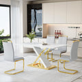 YUNDREAM Modern Marble Dining Table Set for 4,White Gold 63'' Dining Table with Chrome Plated X-Shaped Frame and LightGrey Leather Dining Chairs,Easy Assemble,Kitchen Table and Chairs for Dining Room