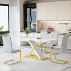 YUNDREAM Modern Marble Dining Table Set for 4,White Gold 63'' Dining Table with Chrome Plated X-Shaped Frame and LightGrey Leather Dining Chairs,Easy Assemble,Kitchen Table and Chairs for Dining Room