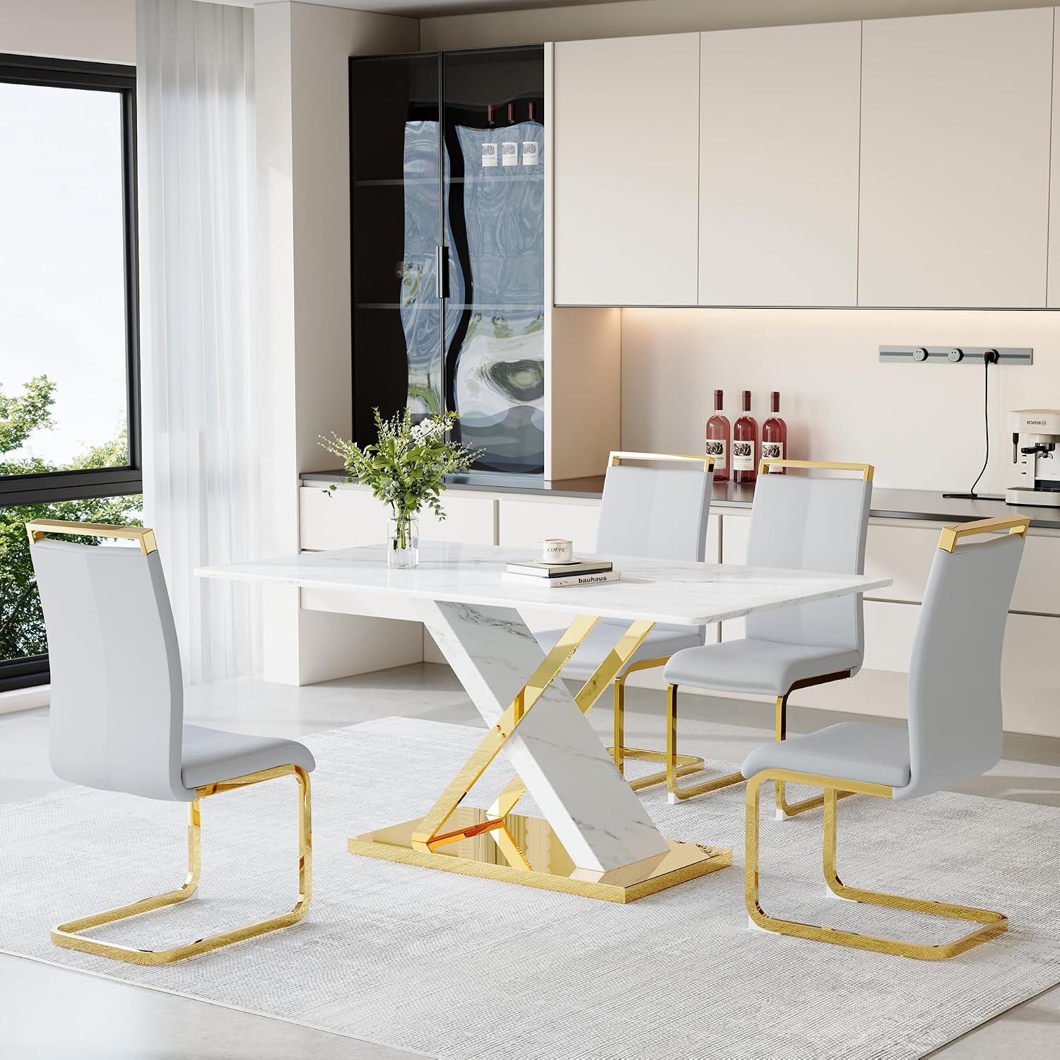 YUNDREAM Modern Marble Dining Table Set for 4,White Gold 63'' Dining Table with Chrome Plated X-Shaped Frame and LightGrey Leather Dining Chairs,Easy Assemble,Kitchen Table and Chairs for Dining Room