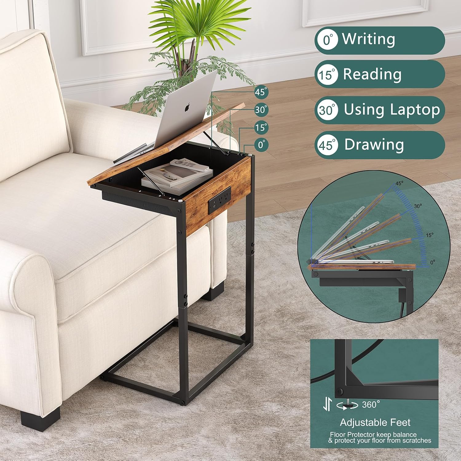 sthmec C Shaped End Table with Charging Station,45° Tiltable Adjustable Flip Top Side Table Set of 2,Small C Table Set 2 for Small Spaces,Slide Under Couch Sofa Bedside Table Living Room,Rustic Brown