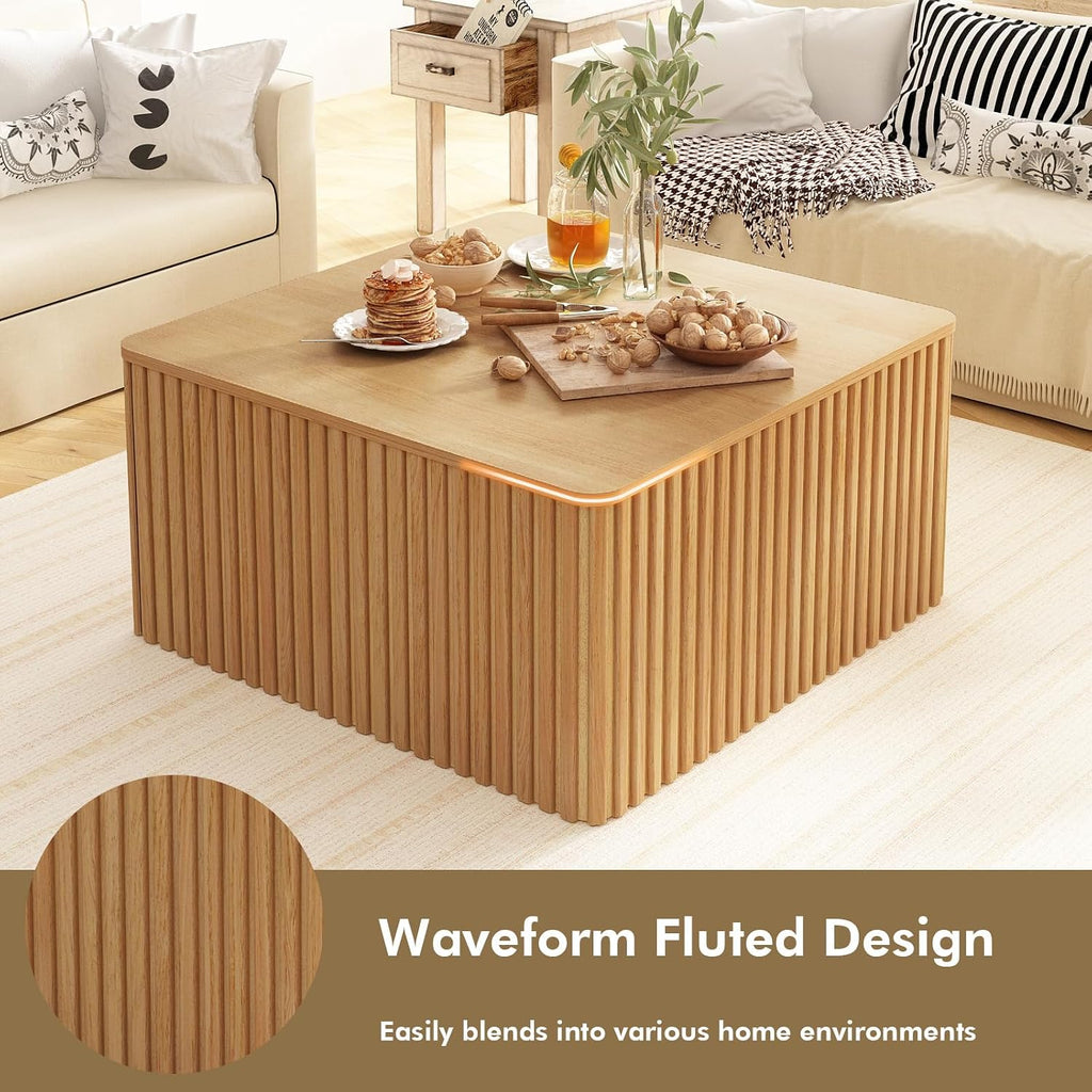 Fluted Coffee Table and End Table Sets-Living Room Square Tables with Large Storage, Mid Century Modern Wood Acccent Table Set of 3, Natural