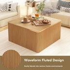 Fluted Coffee Table and End Table Sets-Living Room Square Tables with Large Storage, Mid Century Modern Wood Acccent Table Set of 3, Natural