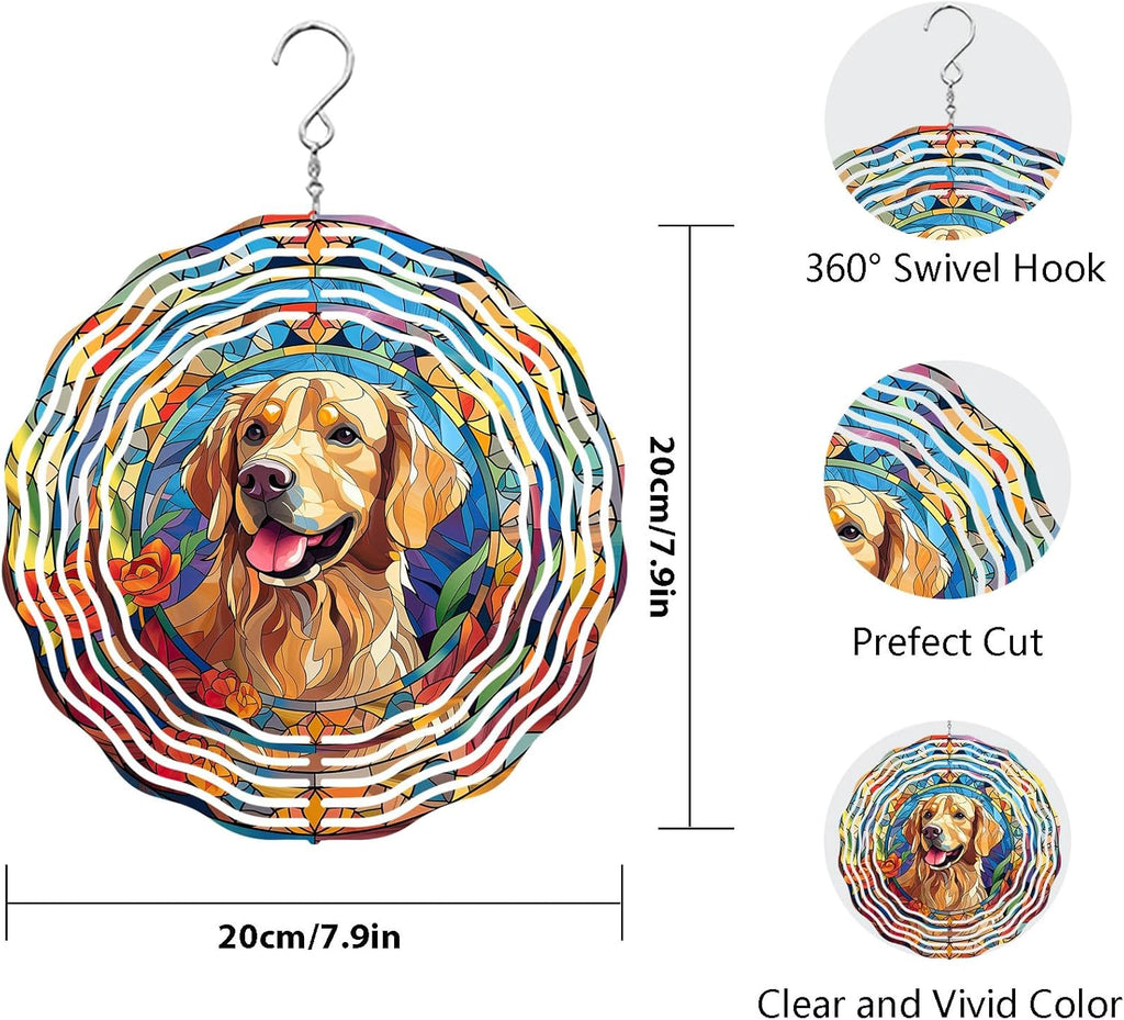 Golden Retriever Wind Spinner Pet Dog Memorial Gifts 3D Aluminum Metal Kinetic Hanging Wind Sculpture Spinners for Yard and Garden Indoor Outdoor Window Garden Decoration 8 Inch (Golden Retriever 1)