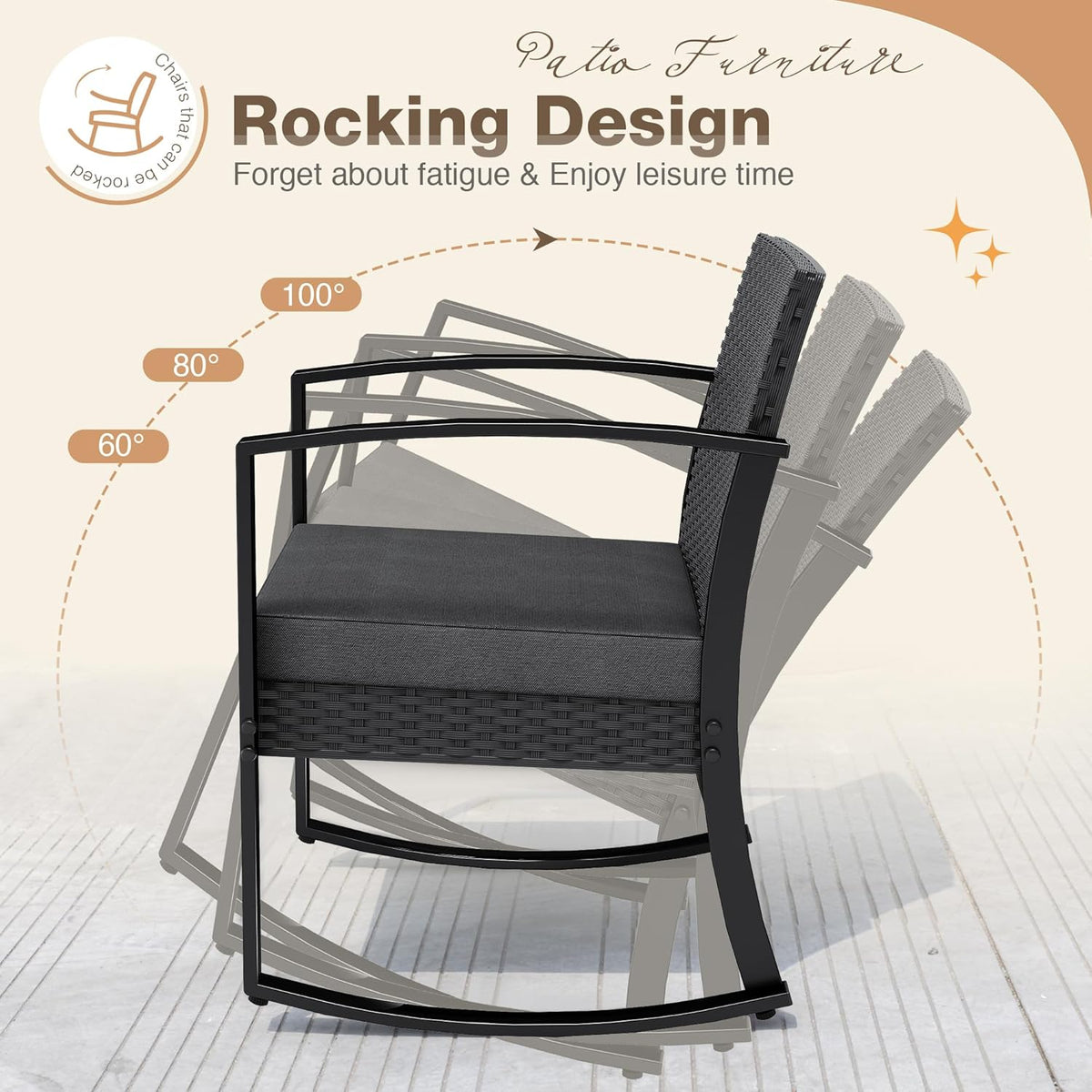 Greesum 3 Pieces Outdoor Furniture Set Patio Bistro Rocking Chairs with Glass Coffee Table for Pool Beach Backyard Balcony Porch Deck Garden, Black