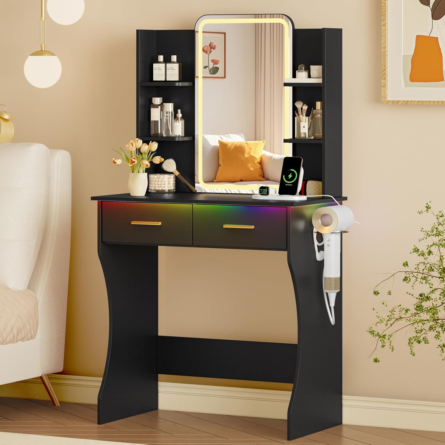 Xixini Vanity Desk with LED Lights Mirror & Power Outlet, Small Makeup Vanity Table Set with Storage Drawers, 3 Lighting Modes & Adjustable Brightness, Dressing Table for Women Girls Bedroom, Black