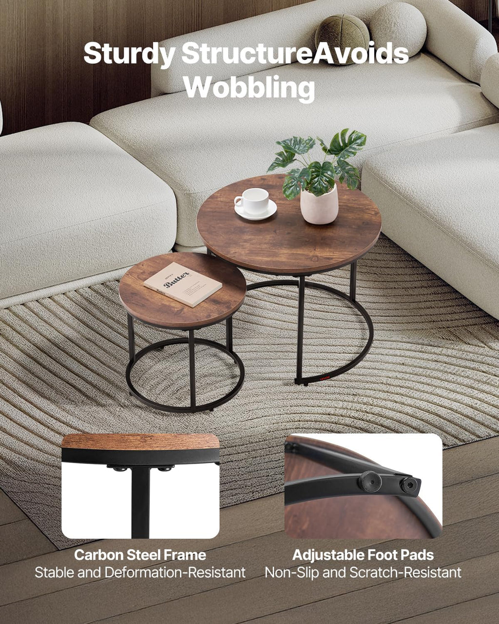 VEVOR Nesting Tables, Coffee Table Set of 2, 23.6 inch Round Coffee Table, Small Coffee Tables Night Stand with Metal Frame, for Living Room, Bedroom, Office (Brown & Black)