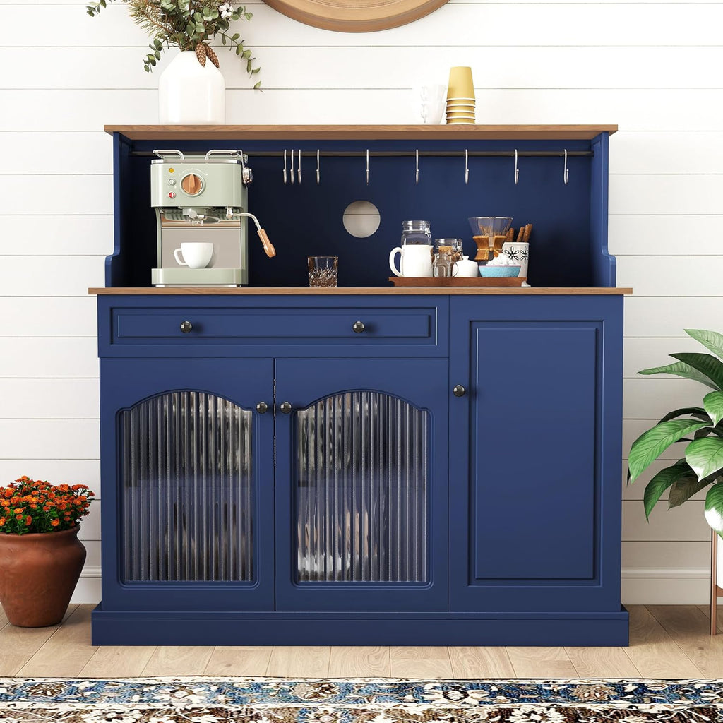 Kitchen Pantry Cabinet with Drawer Storage, 48” Modern Farmhosue Kitchen Hutch with Glass Doors, Blue Storage Cabinet with Countertop and Adjustable Shelves for Dining Room, Living Room