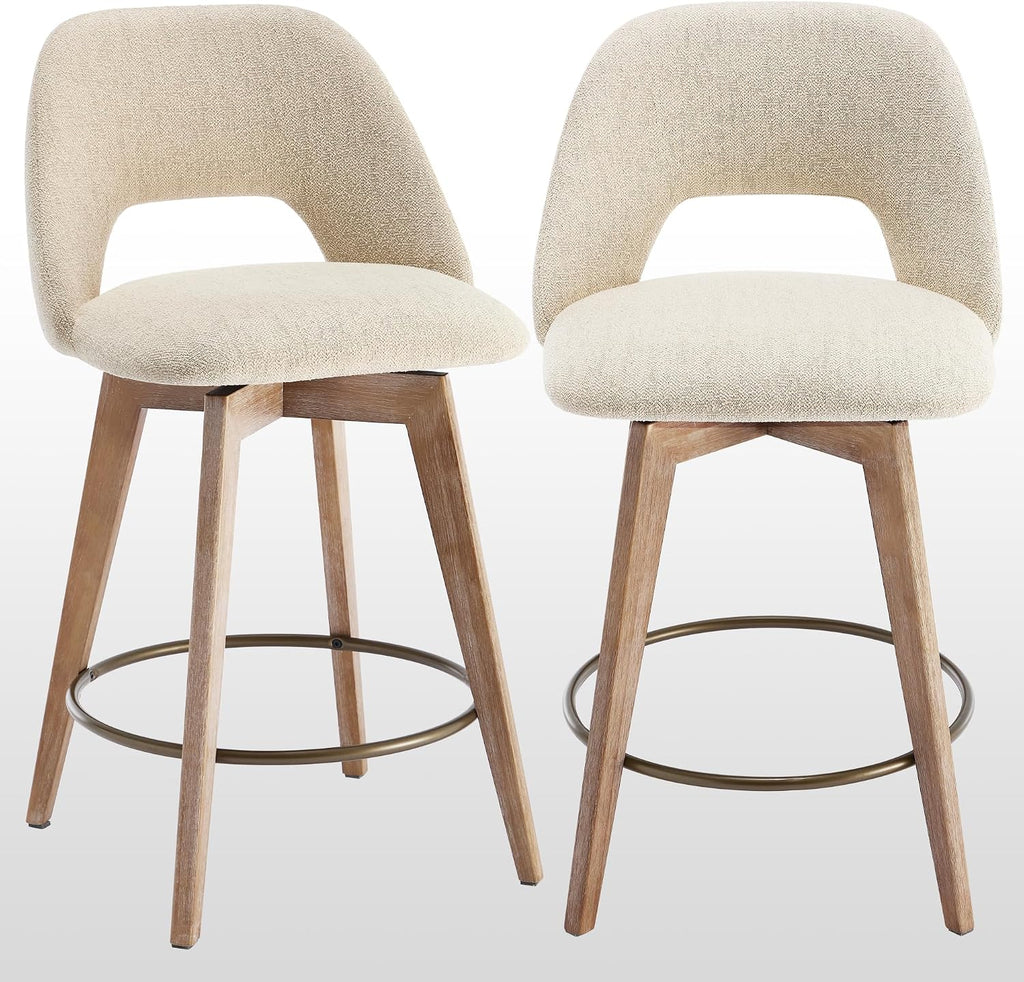 Zesthouse Swivel Bar Stools Set of 2, Wood Counter Height Chairs with Backs | 26" Wooden Bar Stools with Distressed Solid Wood Leg, Upholstered Linen Fabric Barstools, Vintage Kitchen Island Chair, Beige