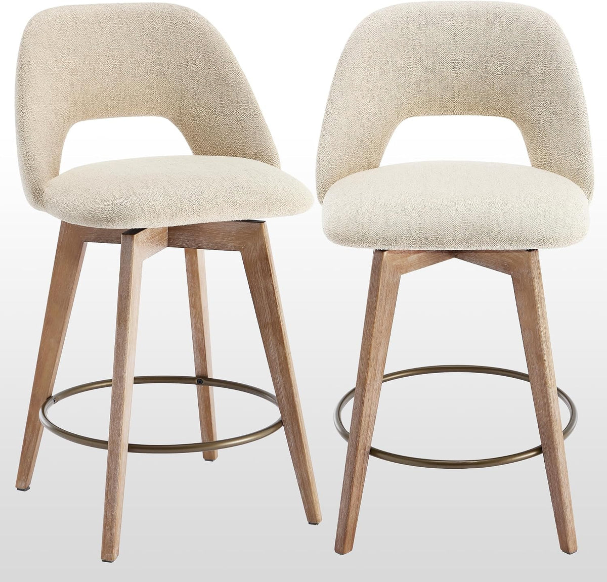 Zesthouse Swivel Bar Stools Set of 2, Wood Counter Height Chairs with Backs | 26" Wooden Bar Stools with Distressed Solid Wood Leg, Upholstered Linen Fabric Barstools, Vintage Kitchen Island Chair, Beige