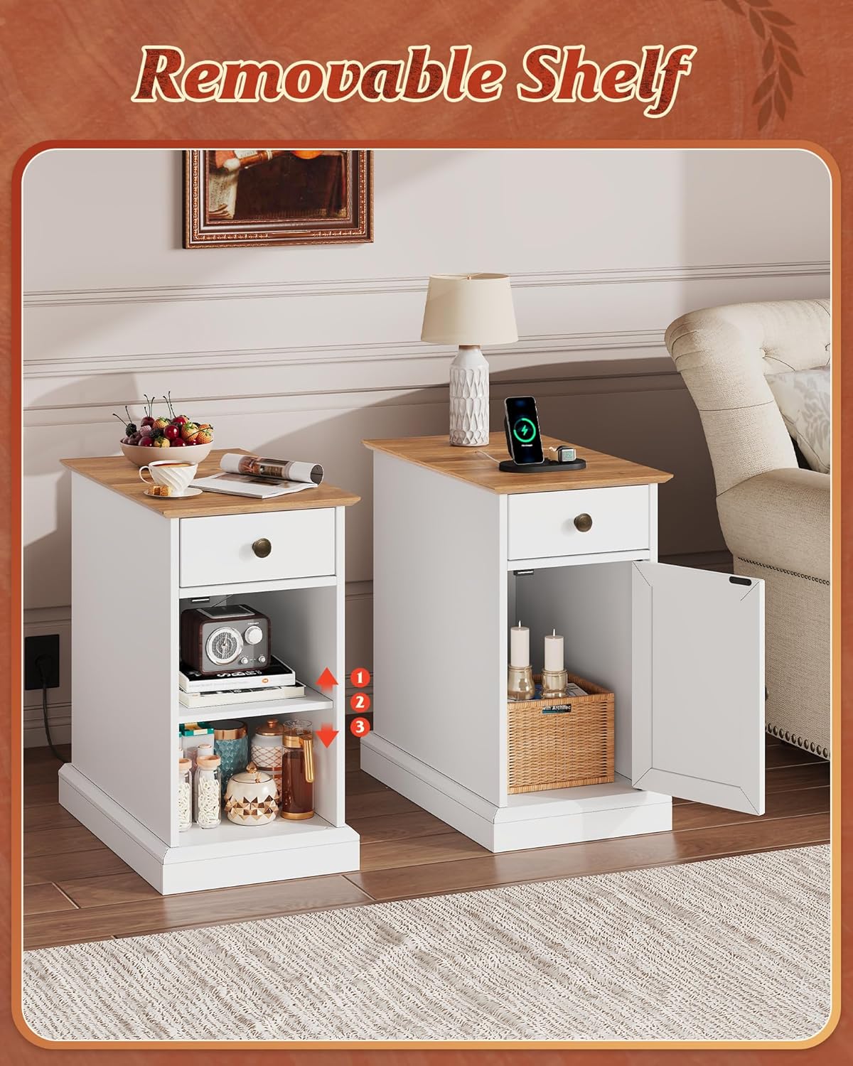 WLIVE End Table with Charging Station, Narrow Sied Table with Drawer & Cabinet, Side Table with Adjustable Shelf for Living Room/Bedroom, Farmhouse Nightstand with Hidden USB Ports and Outlets, White