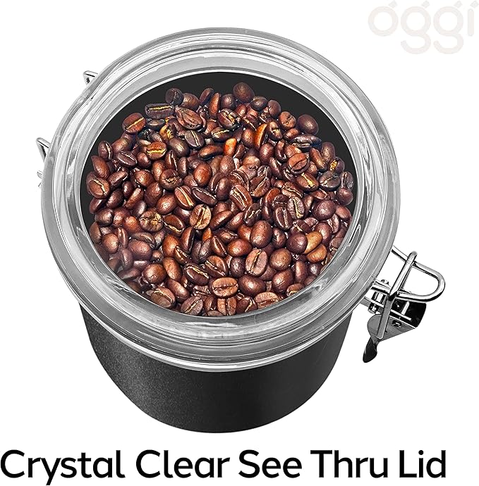 Oggi Stainless Steel Kitchen Canister 62 fl oz, Black - Airtight Clamp Lid, Clear See-Thru Top - Ideal for Kitchen Storage, Food Storage, Pantry Storage. Large Size 5" x 7.5".