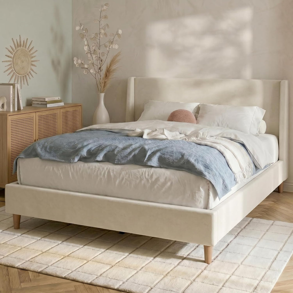 Merax King Size Velvet Bed Frame with Wingback Headboard, Upholstered Platform Bedframe with Solid Wooden Leg, Wood Slats for Bedroom, No Box Spring Needed, Easy Assembly, Modern Luxury Style, Beige