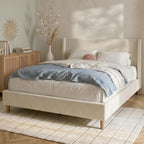 Merax King Size Velvet Bed Frame with Wingback Headboard, Upholstered Platform Bedframe with Solid Wooden Leg, Wood Slats for Bedroom, No Box Spring Needed, Easy Assembly, Modern Luxury Style, Beige