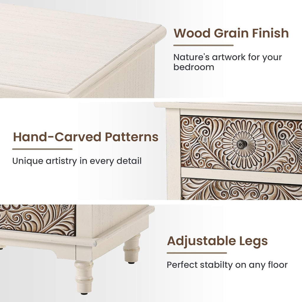 HOMPUS Night Stand Set 2, Vintage Nightstand with Storage, White Nightstand with Flower Pattern, Accent End Table, Bedside Table for Farmhouse, Bedroom, Light Grey Grain