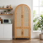 Merax 71'' Tall Farmhouse Rattan Arched Storage Cabinet | Boho Style Pantry Cabinet, Open Countertop, Rattan Doors & Adjustable Shelves, Arched Cabinet for Kitchen Dining Room