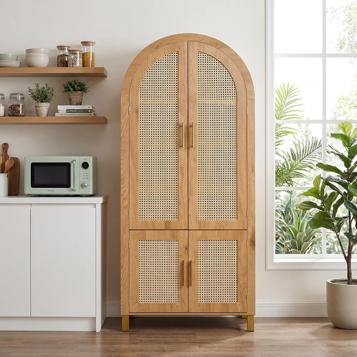 Merax 71'' Tall Farmhouse Rattan Arched Storage Cabinet | Boho Style Pantry Cabinet, Open Countertop, Rattan Doors & Adjustable Shelves, Arched Cabinet for Kitchen Dining Room