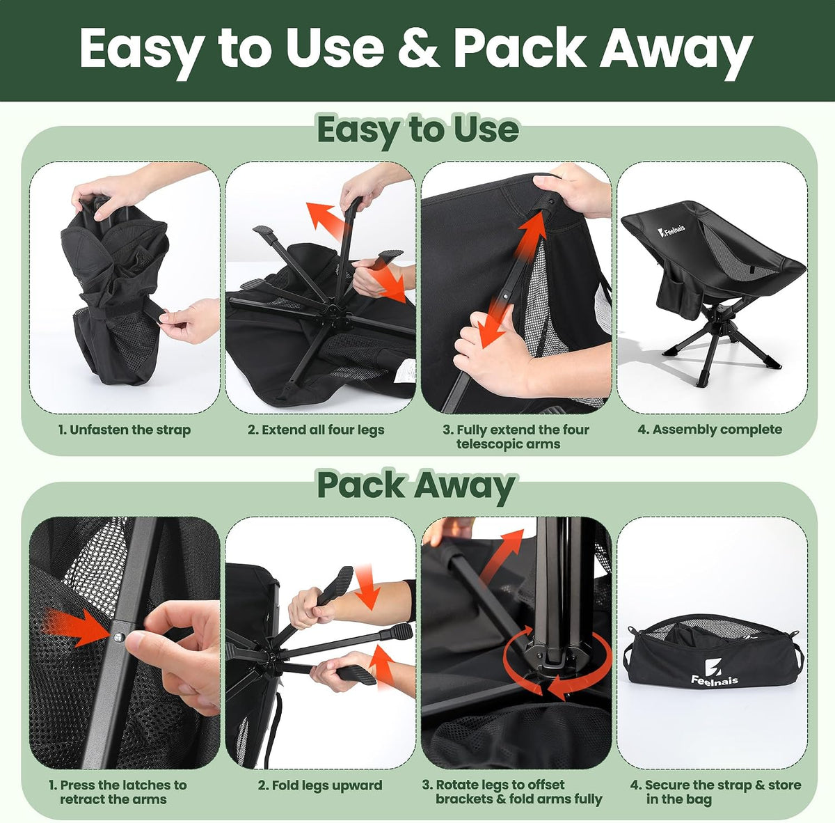 Portable Camping Chairs for Adults, Comfy Folding Camp Chair | 3.5 lbs Lightweight, 10 Seconds Quick Setup, Side Pocket, Storage Bag Easy to Carry for Outdoor Sporting, Holds up to 330 lbs
