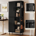 71" Tall Fluted Pantry Cabinet, Mid-Century Modern Kitchen Pantry Storage Cabinet with 2 Pegboards, 10 Hooks, Freestanding Cupboard with 4 Adjustable Shelves, Sliding Doors (Black)
