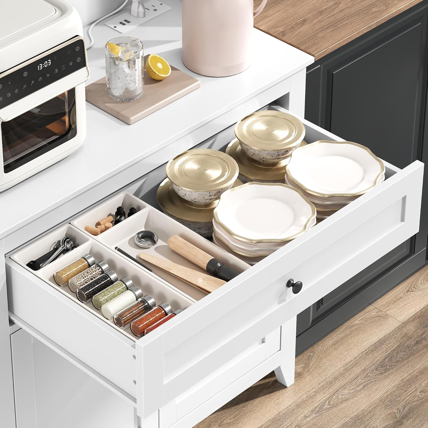 Garvee Pantry Cabinet with 4 Hooks, Kitchen Pantry Cabinet, Coffee Bar Table with Drawer & Adjustable Shelves, White