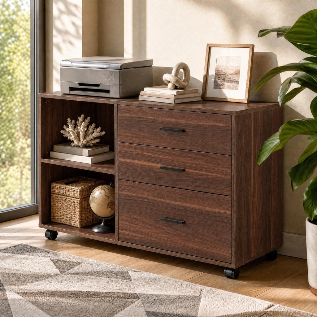 Tribesigns 39 in. Wooden Filing Cabinet with Open Storage Shelves and 3 Drawers,Rolling File Cabinet with Adjustable Hanging Rail,Printer Stand for Home Office (Walnut)