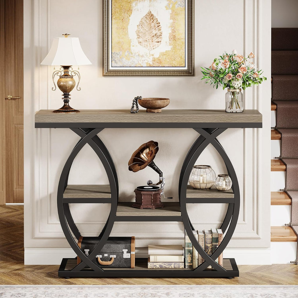 Tribesigns 39.4" Console Table, 4-Tier Sofa Table, Accent Tables, Grey | Storage Shelves, Wood Tabletop with Metal Frame, Industrial Style, For Narrow Entryway, Hallway, Behind the Couch