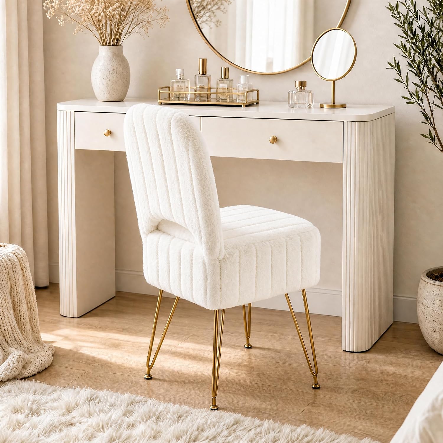 Garvee Vanity Stool Chair with Backrest & Storage,Faux Fur,White,Small | Hidden Storage Compartment, 280 Lbs Capacity, Soft Square Ottoman, Modern Style for Bedroom or Living Room