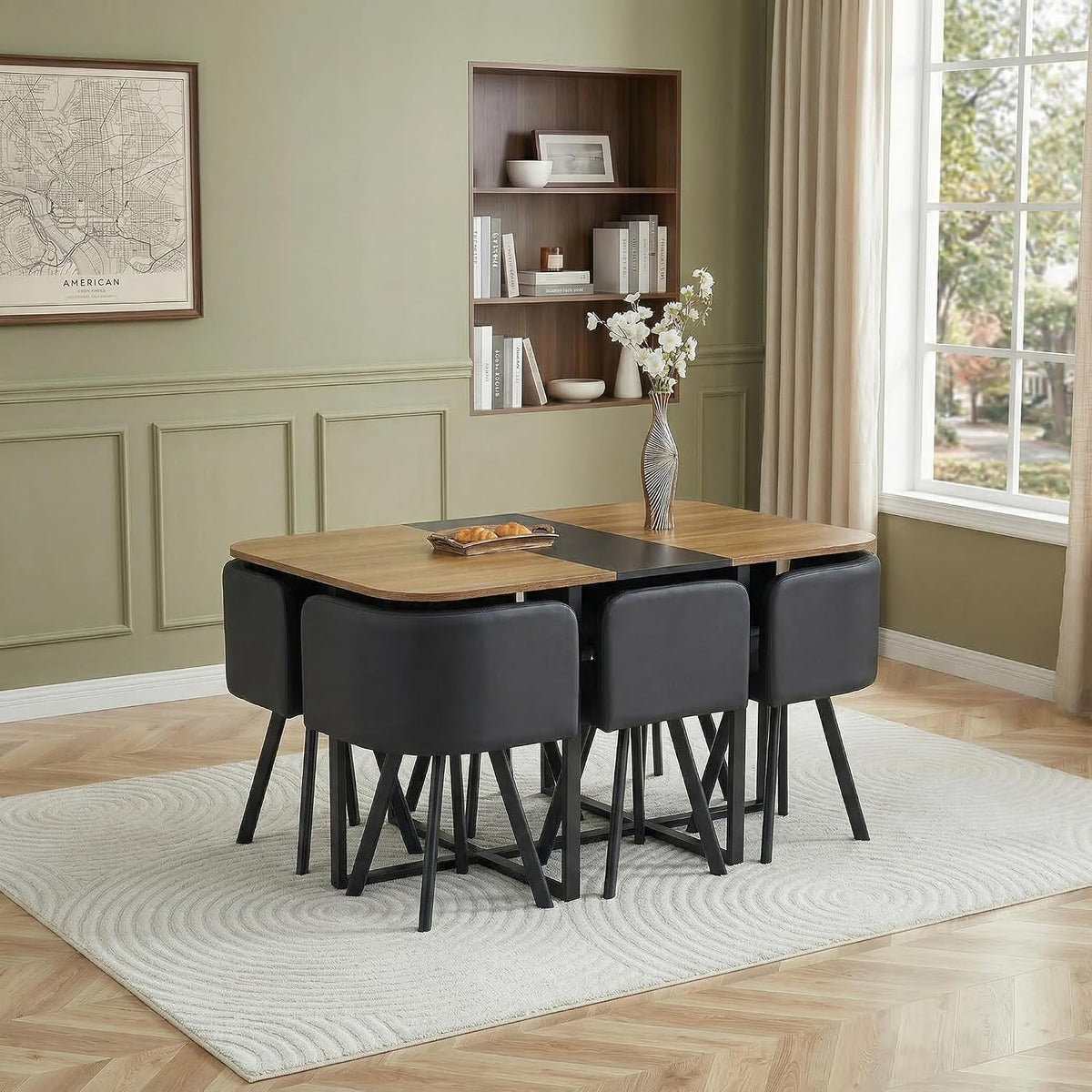 Dining Table Set for 6, 60" Faux Marble and Wood Kitchen Table with 6 PU Leather Chairs,Modern Retangular Dining Table Set for Kitchen,Living Room (Black, Wood+Black Table Set)