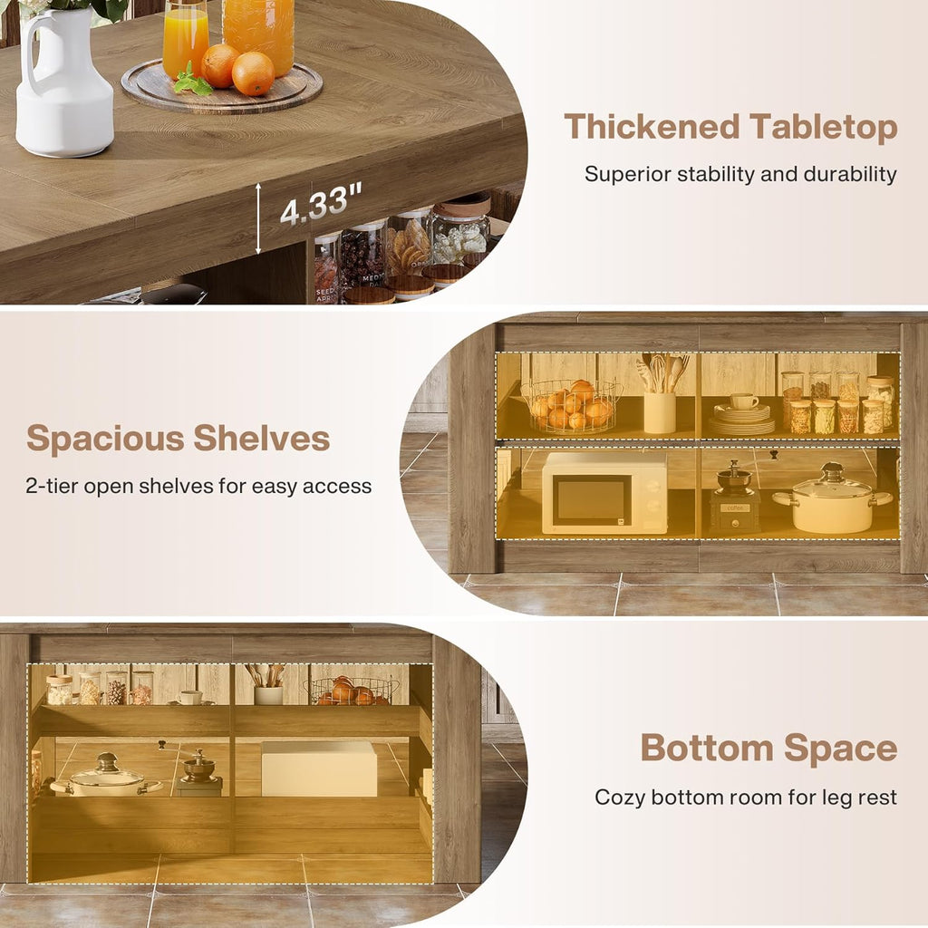 Tribesigns 63 Inch Kitchen Island with Seating and Storage, 3-Tier Farmhouse Stationary Island Table with Large Worktop & Leg Room, Coffee Bar Table with Shelves for Kitchen, Dining Room, Rustic Brown