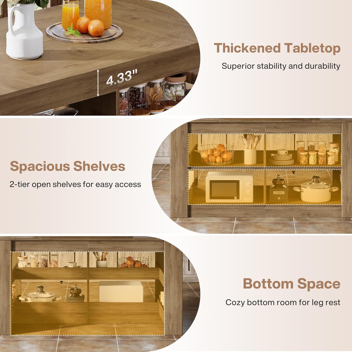 Tribesigns 63 Inch Kitchen Island with Seating and Storage, 3-Tier Farmhouse Stationary Island Table with Large Worktop & Leg Room, Coffee Bar Table with Shelves for Kitchen, Dining Room, Rustic Brown
