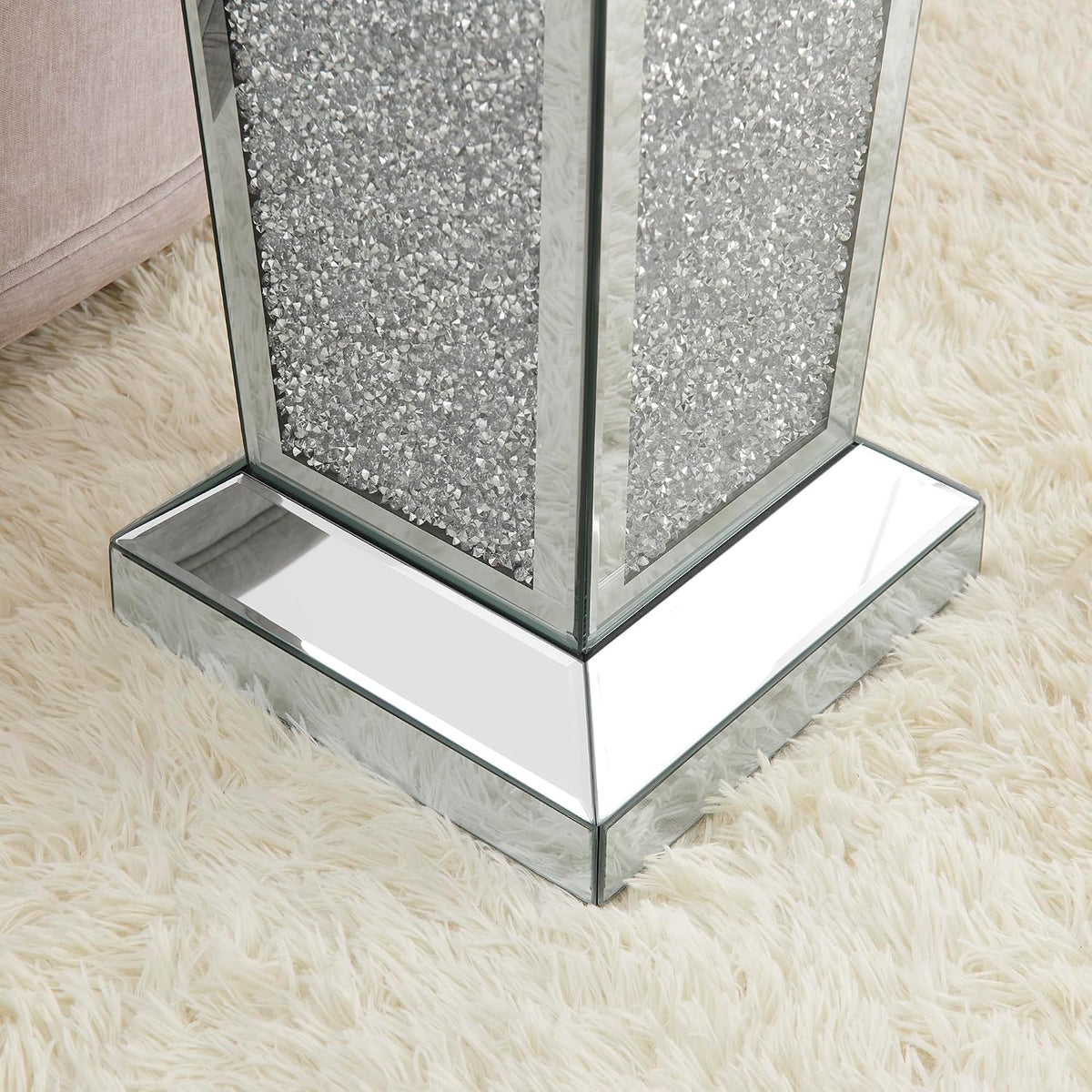 Silver Mirrored End Table with Crystal, Modern Side Accent Table, Square Small Coffee Table for Living Room, Bedroom,Office, Hallway, Entryway