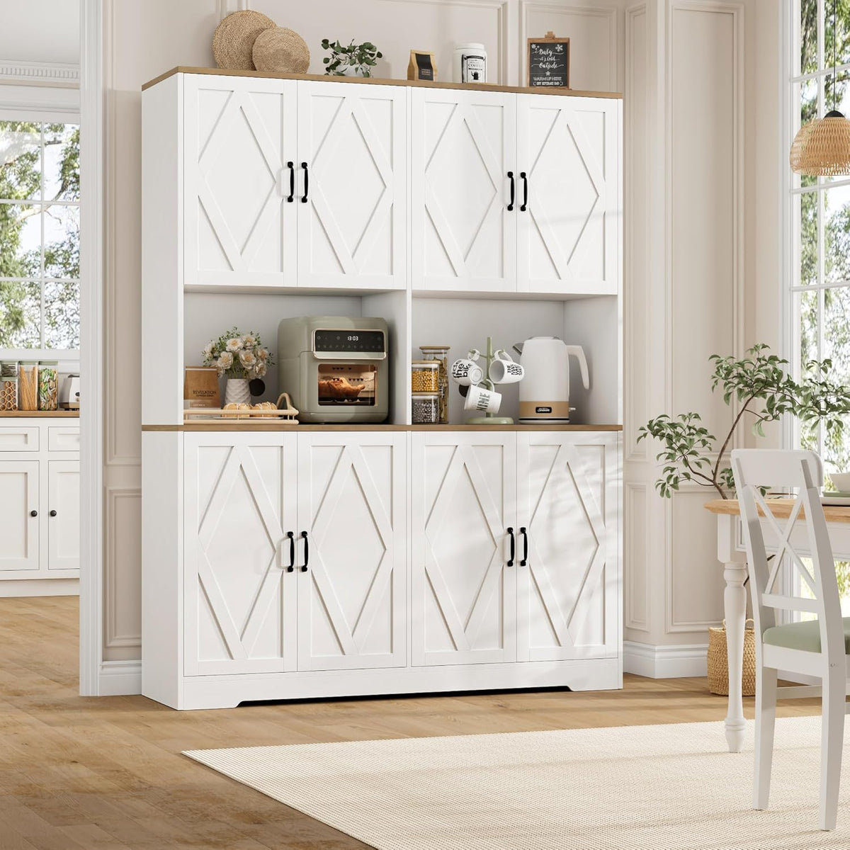 HOSTACK 71" Tall Pantry Cabinet, 55" Wide Kitchen Pantry Storage Cabinet, Large Kitchen Hutch with 2 Microwave Stands, Farmhouse Coffee Bar Station with Doors and Shelves for Dining Room, White