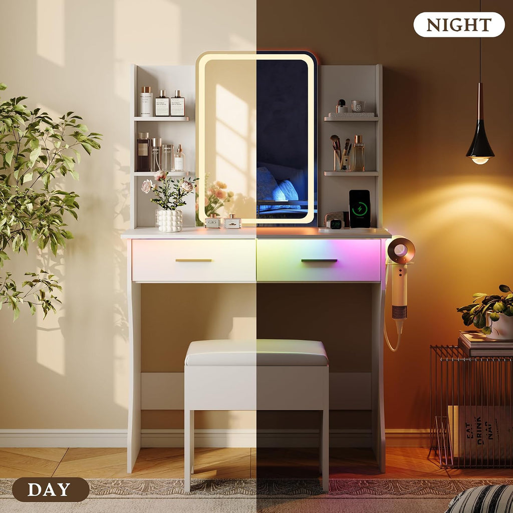 Makeup White Vanity Desk with Lights and Mirror, Small Vanity for Bedroom | Vanity set with Stool, 3 Lighting Modes, Adjustable Brightness, Storage Shelves, Hair Dryer Holder and Spacious Tabletop