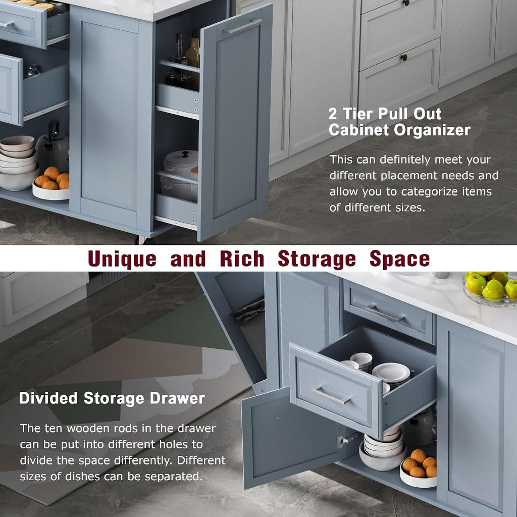 Rolling Kitchen Island Cart with Marble Countertop, Mobile Storage Kitchen Cabinet with Drawers & Cabinets for Small Kitchen Apartment