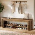 Tribesigns 63" Wooden Entryway Bench with Shoe Storage, Long 2-Tier Narrow Shoe Bench with Arc Vertical Slat Splicing Legs, End of Bed Stool for Bedroom, Entrance, Living Room (Brown)