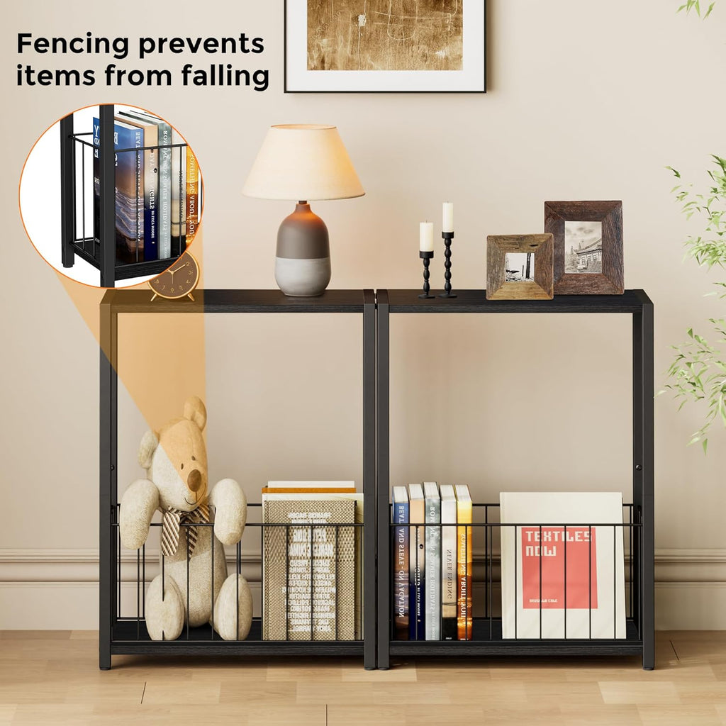 Homleke Narrow Side Table with Magazine Holder, Skinny End Table Perfect for Small Spaces, Space-Saving Design for Living Room, Bedroom, or Office, 7.1" D x 16.9" W x 23.6" H, Black