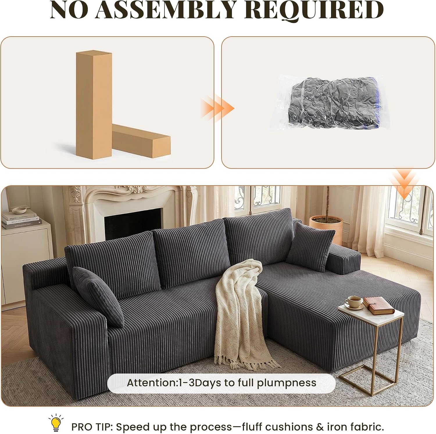 GRUSIGN Cloud Sectional Couches for Living Room, Modular L Shaped Couch with Deep Seat Oversized Right Facing Chaise, Memory Foam Compressed Spineless 3 Seater Sofa, Wide-Striped Grey