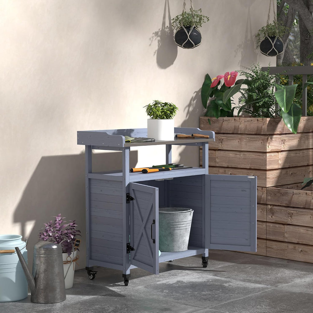 34" Rustic Freestanding Storage Chest, Accent Cabinets with Rubber Wheels, Utility Organizer with Aluminum Table Top for Patio, Gray
